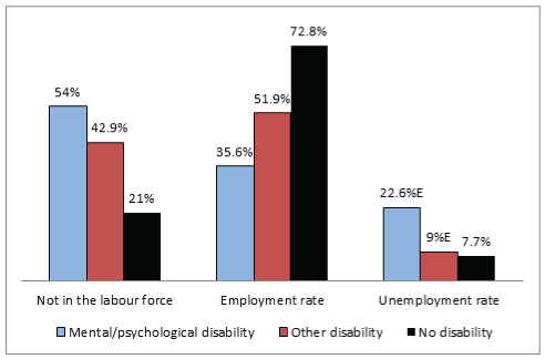 Vertical bar graphs compare labour force status, labour force category and disability status.