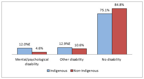 Vertical bar graphs compare prevalence of disability by Indigenous identity and disability status.