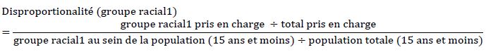 Cette équation calcule la disproportionnalité de prise en charge d’un groupe racial :   (nombre de membres du groupe racial pris en charge divisé par le nombre total de personnes prises en charge) divisé par (le nombre de membres du groupe racial de 15 ans et moins au sein de la population divisé par la population totale âgée de 15 ans et moins).