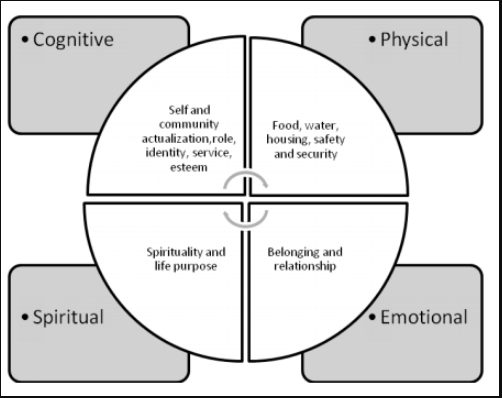 Principes de vision du monde de Cross (2007), au moyen du schéma de roue médicinale des Premières Nations. En haute à gauche (Côté cognitif) : Rôle de réalisation, identité, service et estime de soi et communautaires En haut à droite (Côté physique) : Nourriture, eau, logement, sûreté et sécurité En bas à gauche (Côté spirituel) : Spiritualité et sens de la vie En bas à droite (Côté émotionnel) : Appartenance et relation