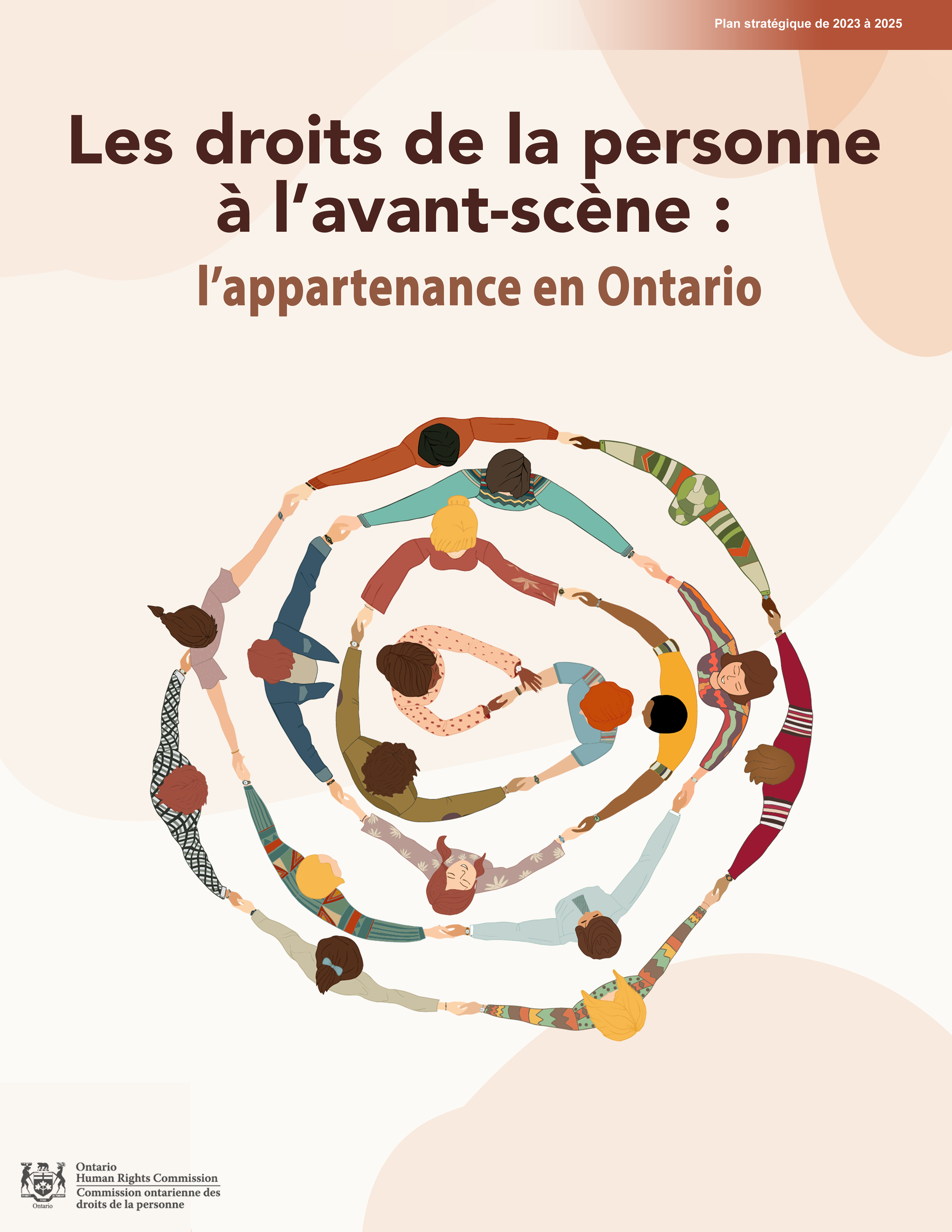 Cercles interreliés représentant des domaines d’orientation stratégique se recoupant. Titre Les droits de la personne à l’avant-scène :  un plan pour l’appartenance en Ontario