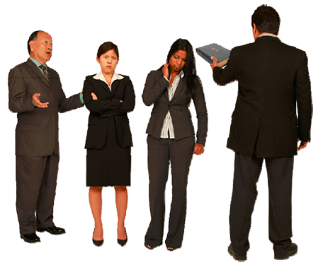 Photo of unhappy people in a dispute, one man faces the others offering a bible.